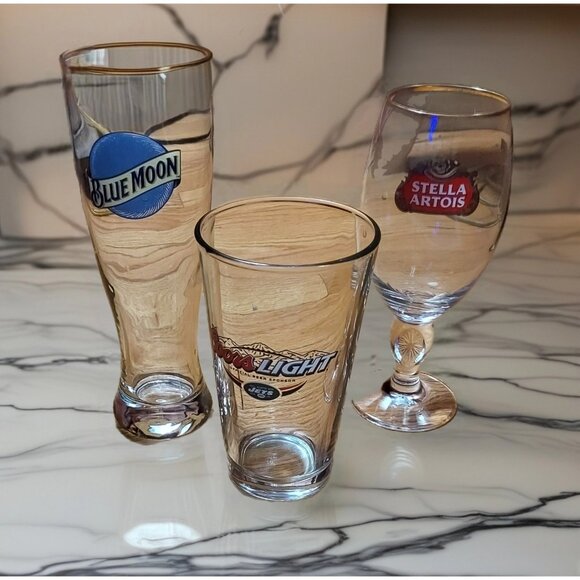 Stella Artois Other - Beer Glass Lot of 3 Coors Jets Stella Blue Moon Barware
